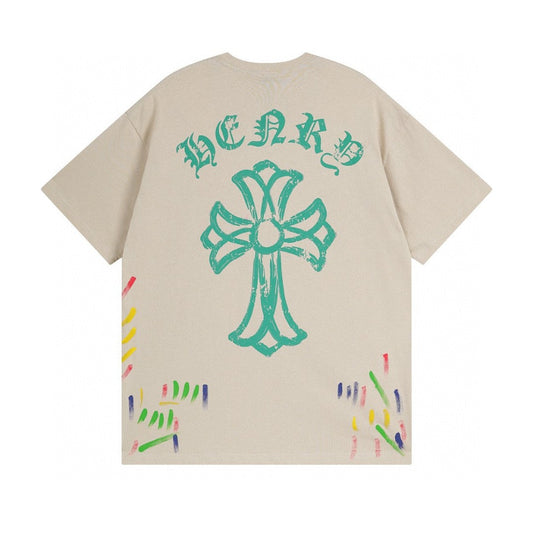 Chrome Hearts T-Shirt Cross Cemetery Paint Drips Cream